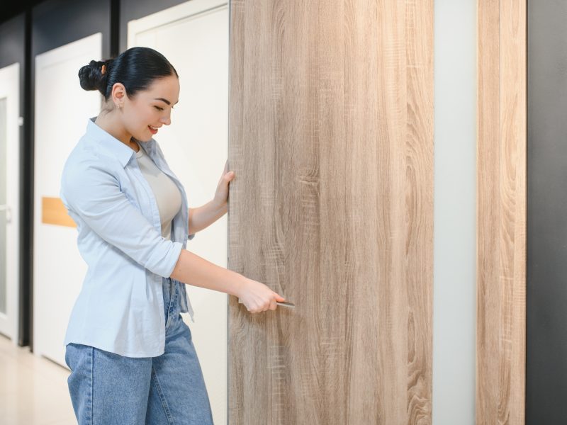 Woman choosing interior wooden door in a showroom